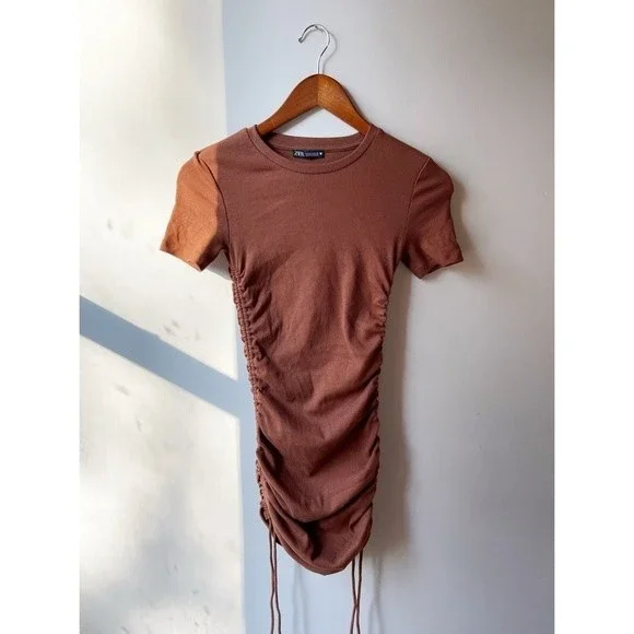 Zara Brown Rust Ruched Bodycon Mini Dress Short Sleeve Crew Blogger Small - Picture 4 of 8